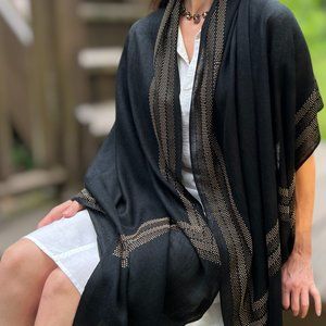 Black Wool and Silk Scarf / Wrap With Crystal Border